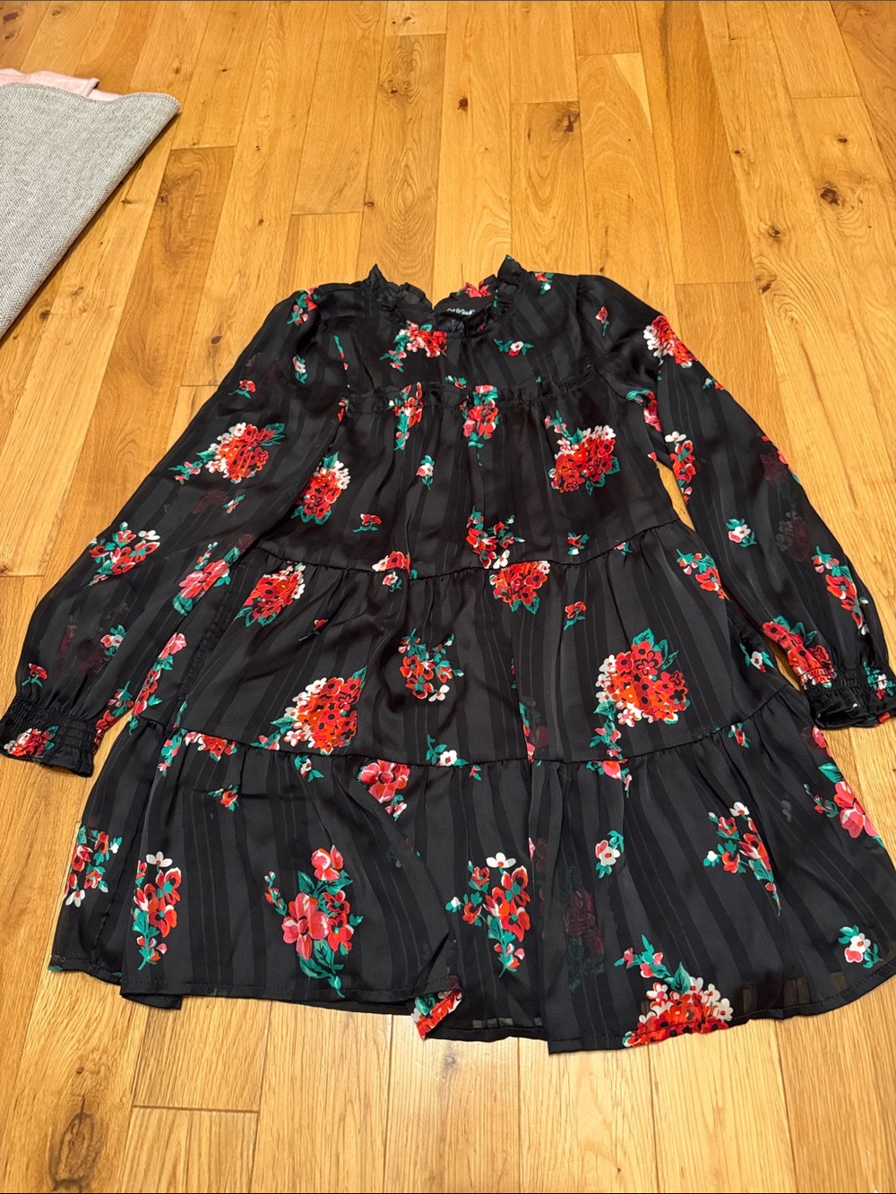 Cat & Jack Black Floral Tiered Dress with Red and Green Print
